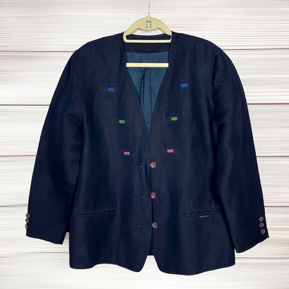 Geiger Collections Austria Navy Blue Vintage Linen Blend V-neck Blazer 40 US 10 - Picture 2 of 14